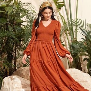 Lantern Sleeve Shirred Bodice Ruffle Hem Dress